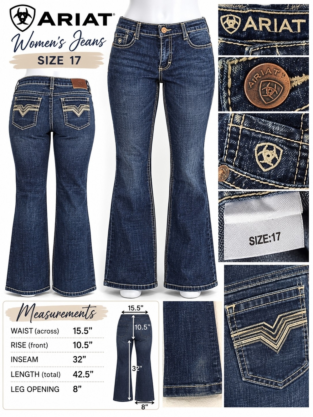 Ariat Women’s Dark Wash Bootcut Jeans - Blue (Size 17)
